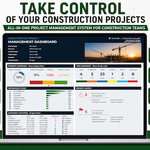 May include: A digital construction project management dashboard displayed on a laptop screen. The interface features a project overview, task summary, progress by phase, and upcoming activities. Surrounding the screen are eight green icons with text labels including Project Plan, Gantt Chart, To-Do List, Smart Calendar, Kanban Board, Week Calendar, Project Alerts, and Dashboard.