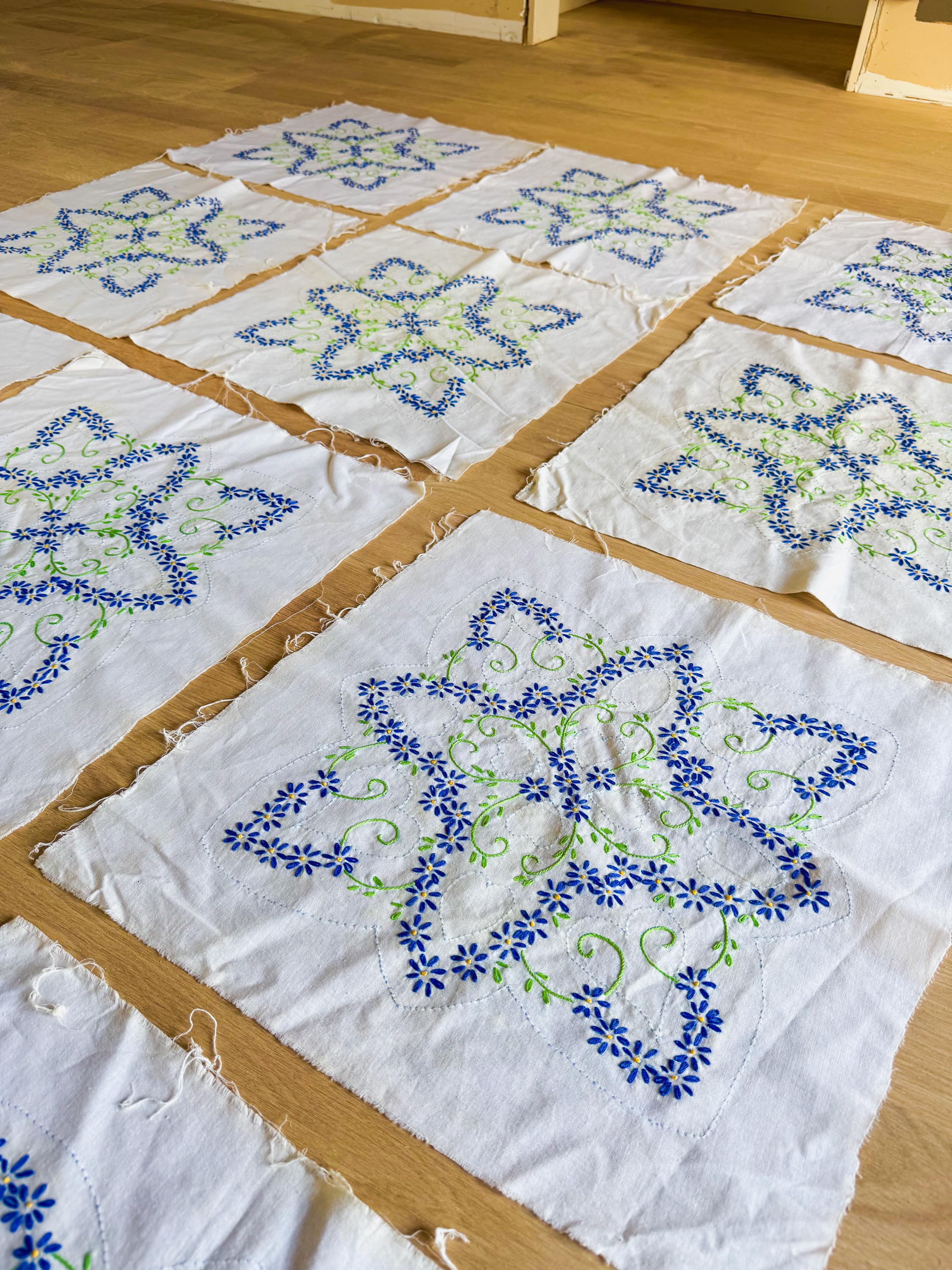 Vintage Embroidered Quilt Blocks Blue Flowers & Green Vines, Set