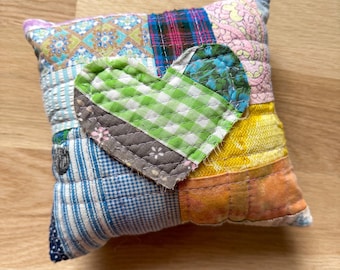 Vintage pillow quilted heart fabric scraps upcycle vintage linens