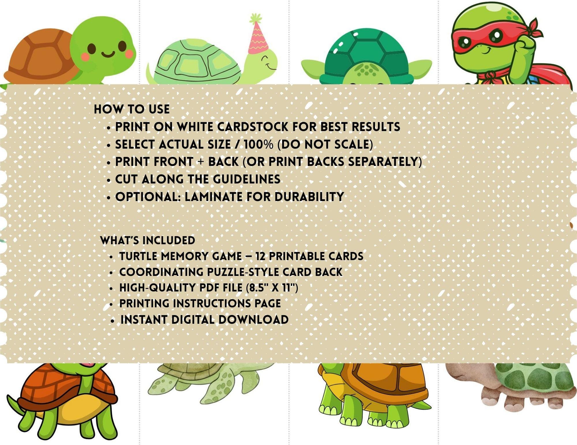 Turtle Memory Game for Kids • Printable Matching Activity (instant ...
