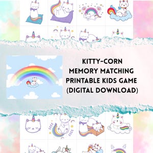 Memory-spel med kattunge och majs • Utskrivbara matchande kort • Aktivitet med katt och enhörning • Barnspel
