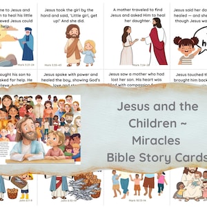 Op de afbeelding: Een set Bijbelverhaalkaarten getiteld "Jezus en de Kinderen ~ Wonderen Bijbelverhaalkaarten". De kaarten bevatten kleurrijke illustraties die bijbelse scènes uitbeelden, waaronder Jezus die met kinderen omgaat. De kaarten hebben tekst.