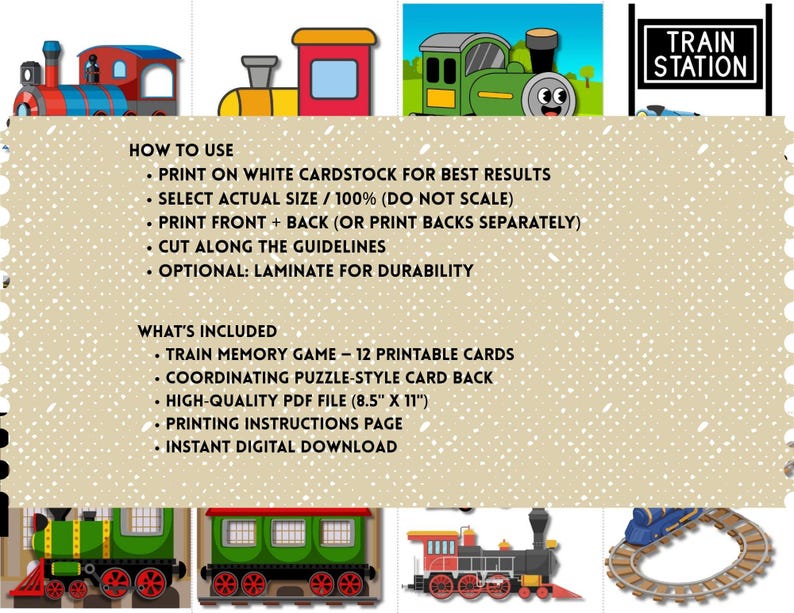 Memory Part Train Train Printable Memory Game • 12 Cards + Puzzle‑style Back • Kids ...