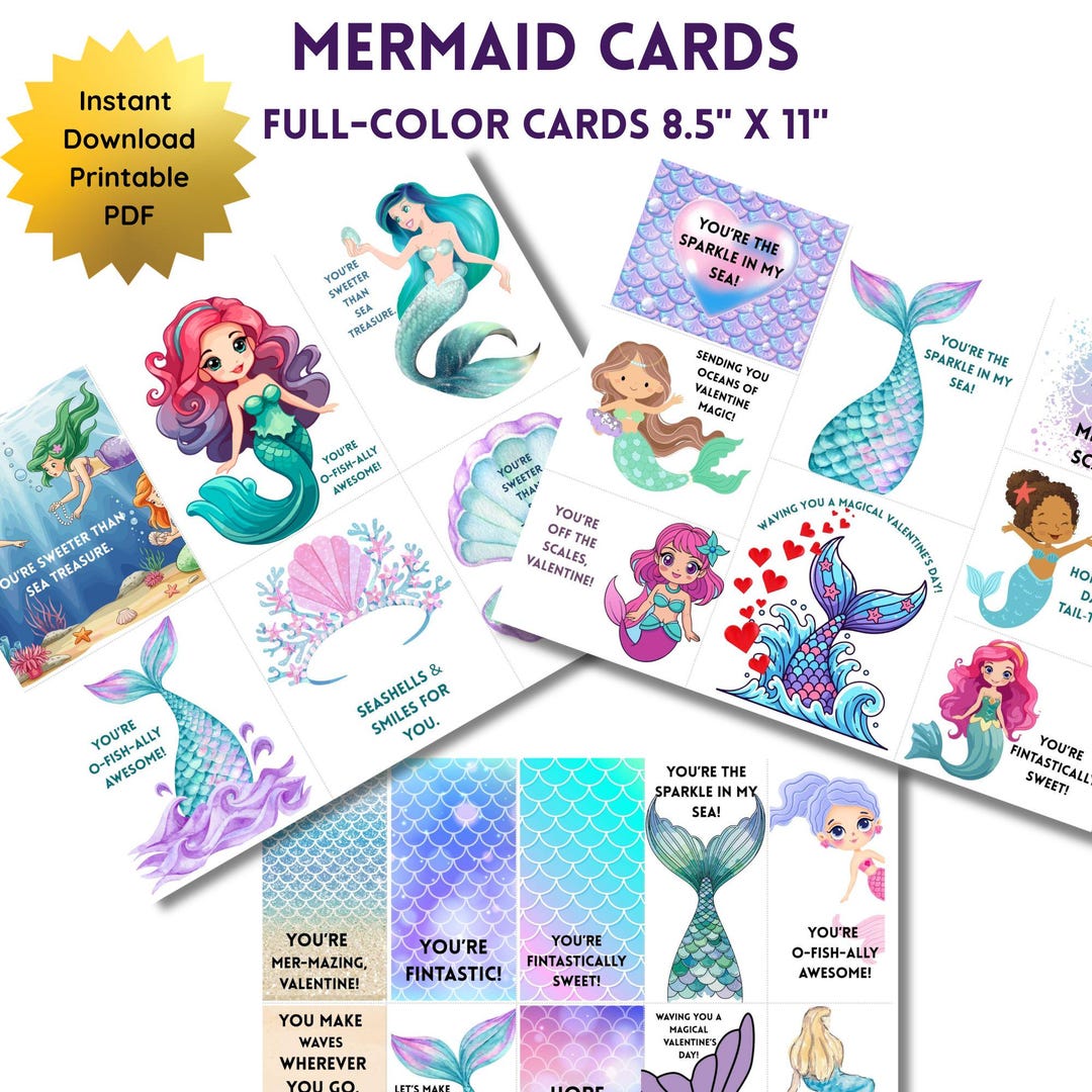 Mermaid Notes Mermaid Valentine Printable Cards - Kids' Affirmation Notes (digital ...