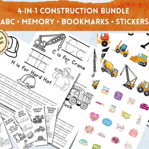 Op de afbeelding: Een 4-in-1 constructie-thema bundel met ABC-leerpagina's, een memory game, bladwijzers en stickers. De pagina's tonen bouwvoertuigen en gereedschappen, met de tekst "H is for Hard Hat" en "C is for Crane". De stickers hebben motiverende zinnen.