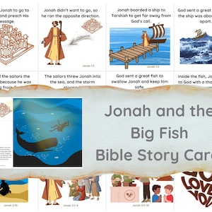 May include: A set of illustrated Bible story cards titled "Jonah and the Big Fish." The cards depict scenes from the story, including Jonah's disobedience, the storm, being swallowed by a fish, and prayer. The cards have text captions.