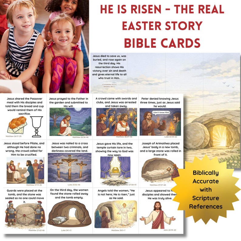 He is Risen Easter Bible Story Cards • Kids Resurrection Scripture ...