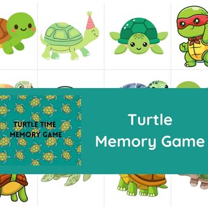 May include: A colorful children's memory game featuring cartoon turtles. The game box has the text "Turtle Time Memory Game" and a pattern of turtles. The turtles are green, brown, and yellow, with some wearing accessories.