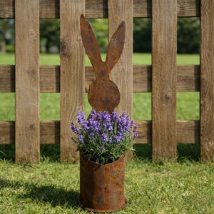 Rusty Metal Bunny Flower Pot – Rustic Rabbit Planter – Garden Decor