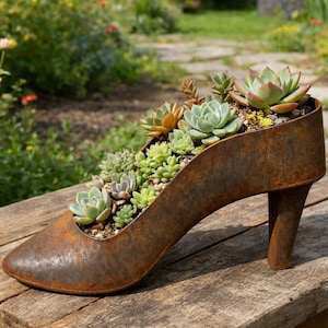 Rusty Metal High Heel Flower Pot Ornament – Rustic Outdoor Plant Pot