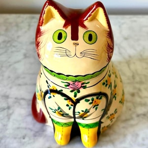 Vintage Hand Painted Folk Art Cat Figurine | Joan de Bethel Style Rye Pottery Cat | English Ceramic Cat | Cottage Decor | Collectible