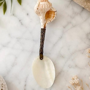 May include: A decorative spoon featuring a natural seashell bowl and a handle with an ornate, dark metal design. The spoon has a white, oval-shaped scoop. The background is a marble surface with greenery.