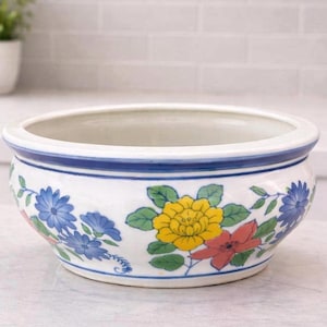 Vintage Floral Planter Bowl Blue White Ceramic Cachepot, Cottage Garden Planter, Chinoiserie Style Plant Pot
