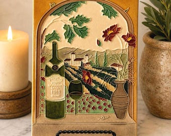 Vintage Ceramic Tile Plaque | Wine Vineyard Kitchen Decor | Tuscan Italian Countryside | Rustic Bar Decor 6x8