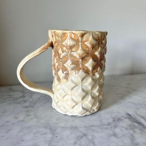Handmade Textured Pottery Mug | Stoneware Coffee Cup | Cream Caramel Drip Glaze | Rustic Artisan Ceramic Mug