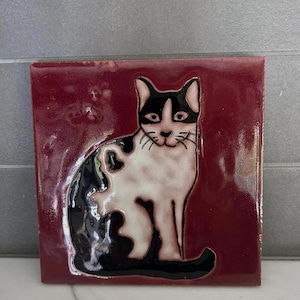 Vintage Cat Art Tile 6x6 | Murray Quarries USA Ceramic Wall Tile | Black White Cat Decor | Mid Century Pottery Plaque