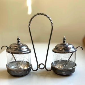 Vintage Silverplate Condiment Set Mexico Etched Glass Jam Jars With Spoons Coffee Bar Server