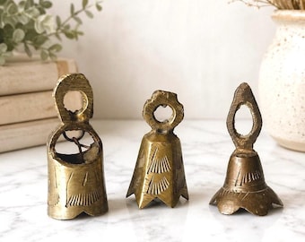 Vintage Mini Brass Bells Set of 3, Petite 1.75–2 Inch Etched Brass Bell Lot, Rustic India Bells, Primitive Decor, Small Metal Bells