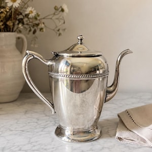 May include: A polished silver-toned metal teapot featuring a curved handle, a slender spout, and a removable lid with a small knob. The body of the teapot is decorated with a horizontal rope-like textured band encircling the upper section.