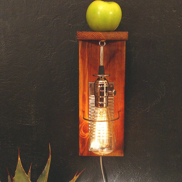 Weathered wood industrial wall sconce. Wall mount lamp shelf. Recycled materials. 212. Retro Edison bulb.