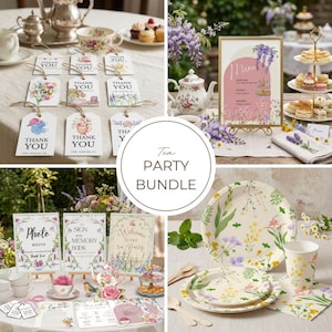 May include: A tea party bundle featuring floral-themed decorations. Includes plates, cups, napkins, and wooden cutlery. Also shown are signs, tags, and a menu with floral designs. The text "Tea Party Bundle" is in the center.