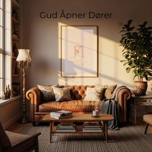 Puede incluir: Un salón con un sofá Chesterfield de cuero marrón, cojines decorativos y una mesa de centro de madera. Un cuadro enmarcado cuelga de la pared. El texto "Gud Åpner Dører" está en la parte superior de la imagen.