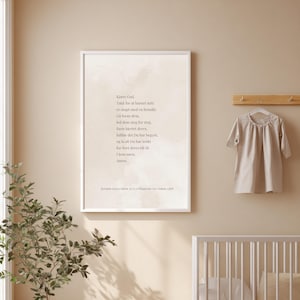 May include: A rectangular wall art print in a white frame featuring a prayer in Norwegian with dark gray text on a light beige watercolor background. The text includes the words Kjære Gud, Takk for at barnet mitt er skapt med en hensikt, and Amen.