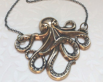 Brass Octopus Necklace-Large Octopus Necklace, Golden Brass Jewelry, Large Pendant Necklace, Steampunk Necklace Jewelry, Gift For Her