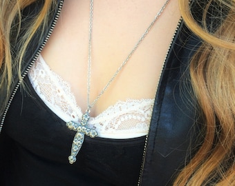 Silver Cross Necklace-Floral Cross Jewelry, Large Feminine Cross Necklace, Silver Layering Necklace, Religious Jewelry, DETAILED, BEAUTIFUL