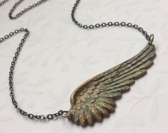 Angel Wing Necklace-Angel Wing Jewelry, PATINA SIDEWAYS WING, Verdigris Angel Wing Jewelry, Sideways Necklace, Guardian Angel Jewelry, GIft