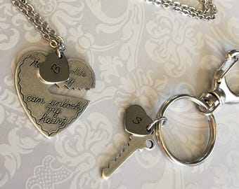 Boyfriend Gift Personalized- HIS HERS Couples SET, Boyfriend Girlfriend Keychain, Couples Jewelry, Handstamped Heart Initial, Silver Set