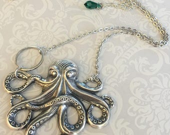 Silver Octopus Necklace Octopus Pendant- Beach Jewelry, As Seen on CRIMINAL MINDS, Octopus Jewelry, EXTENDER w/ Swarovski Crystal, Unique