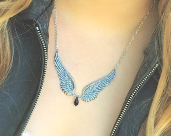 ANGEL vleugelketting, zilveren vleugelsieraden, grote vleugelhanger, zilveren engelenvleugels, herdenkingssieraden, Swarovski-kristalketting