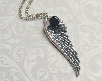 Engelsflügel Halskette-Silber Flügel Schmuck, Engelsflügel Schmuck, ONYX, SWAROVSKI KRISTALL geziert, Schutzengel Schmuck, Glaube Liebe Halskette