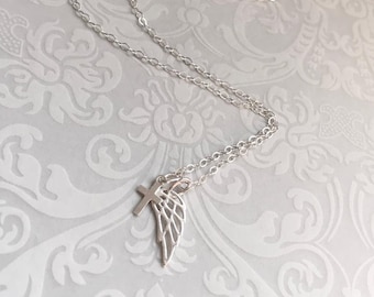 Angel Wing Necklace, STERLING SILVER Angel Wing and Cross Necklace, Tiny Wing Jewelry, Small Cross Necklace, Silver Faith Necklace, Gift Her