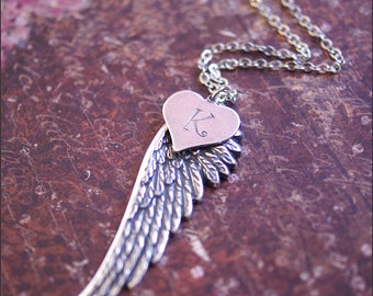 Angel Wing Necklace -HANDSTAMPED Initial Jewelry- Perfect PERSONALIZED GIFT, Beautiful Detailed Angel Wing