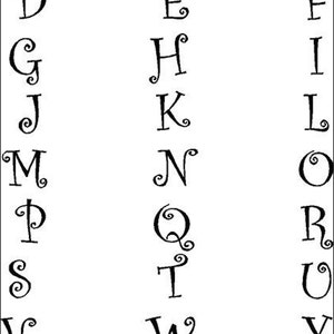 May include: Black and white alphabet chart featuring the letters A through Z in a whimsical, curly font. Each letter is distinct, with decorative swirls at the ends of the strokes, creating a playful and artistic design.