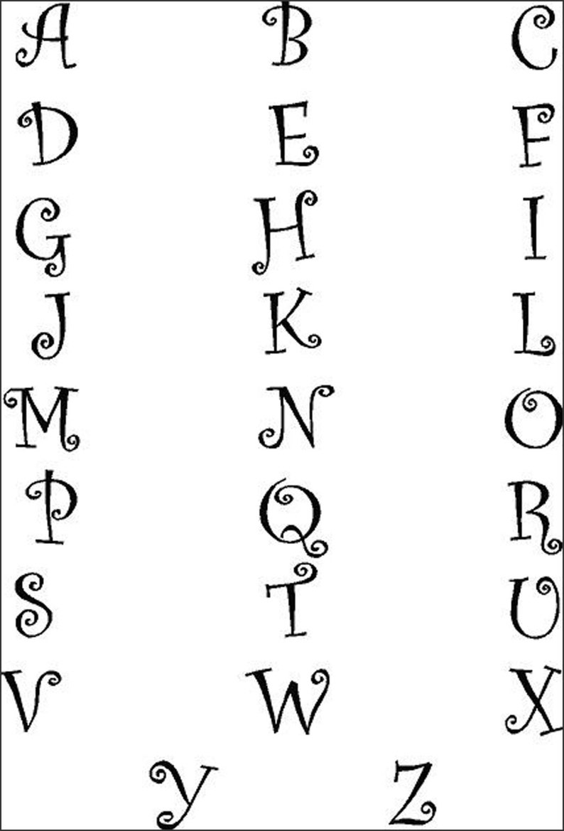 May include: Black and white alphabet chart featuring the letters A through Z in a whimsical, curly font. Each letter is distinct, with decorative swirls at the ends of the strokes, creating a playful and artistic design.