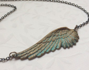 Angel Wing Necklace-Angel Wing Jewelry, PATINA SIDEWAYS WING, Verdigris Angel Wing Jewelry, Sideways Necklace, Guardian Angel Jewelry, GIft