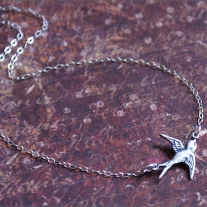 Silver Bird Necklace -Solo Flying- East Bird Charm on STERLING SILVER Chain Antiqued Vintage Style &#39;FREEDOM&#39; by RevelleRoseJewelry