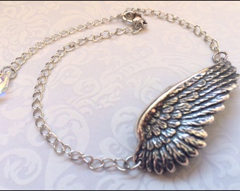 Wing Ankle Bracelet~Silver Angel Wing Anklet, ADJUSTABLE GORGEOUS Angel Wing Jewelry, Forever, Timeless, Personalized Swarovoski Crystal