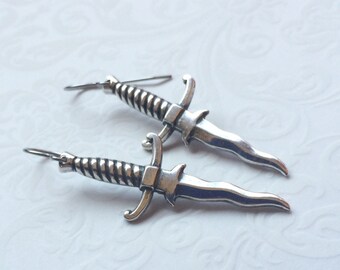 Dagger Sword Earrings~Silver Sword Jewelry Dagger Knife Earrings~ BEST SELLER~ Vintage Style Antiqued Silver Dangle Earrings Fun, Unique NEW