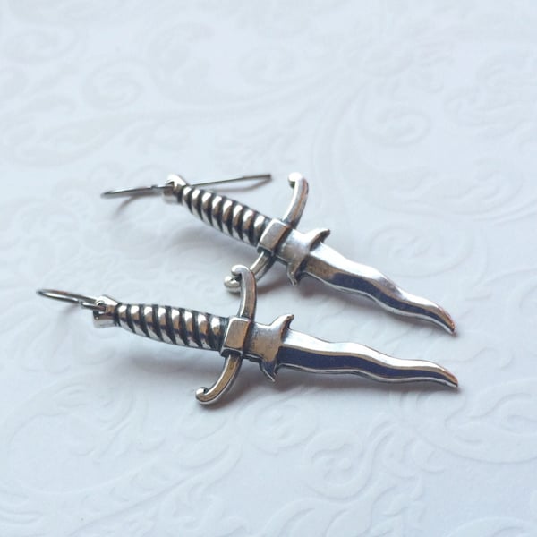 Dagger Sword Earrings~Silver Sword Jewelry Dagger Knife Earrings~ LOVE BATTLE~ Vintage Style Antiqued Silver Dangle Earrings Fun, Unique NEW