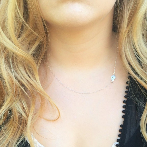 Silver Skull Necklace -SIDEWAYS SKULL-PERFECT Layering Necklace. Edgy, Unique, Friend, SIster, Mom Necklace- Celebrity Inspired