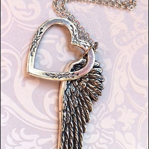 Angel Wing Necklace~Silver Angel Wing w/Heart Pendant, Remembrance Jewelry, Faith Necklace, In Memory of, Mother&#39;s Necklace, Gorgeous Gift