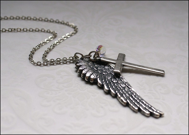 Wing Cross Necklace ANGEL Wing Jewelry Silver Necklace w/ SWAROVSKI Crystal, Meaningful, PERFECT Gift for Mother, Daughter, Sister, Friend image 4