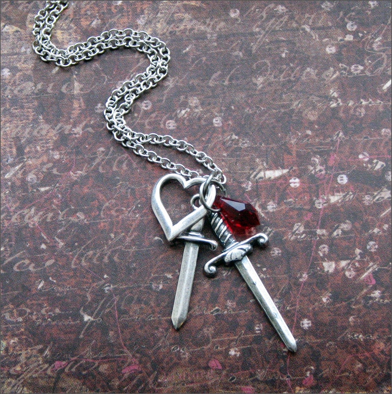 DAGGER Heart Necklace in Silver with Red Teardrop SWAROVSKI Crystal HEARTBROKEN by RevelleRoseJewelry image 4