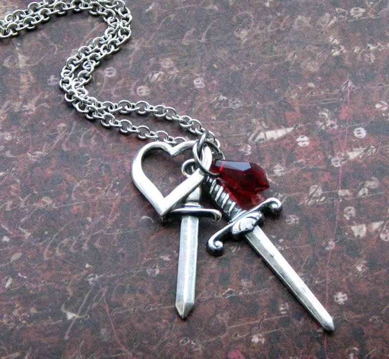 DAGGER Heart Necklace in Silver with Red Teardrop SWAROVSKI Crystal HEARTBROKEN by RevelleRoseJewelry image 3