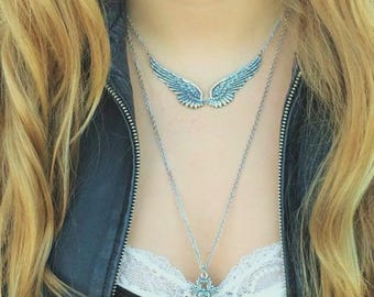 天使の羽のネックレス、大きな翼のジュエリー、銀の翼、カトリックジュエリー、守護天使のネックレス、追悼ジュエリー