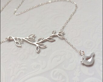 Bird Branch Necklace, Silver Bird Leaf Jewelry, Silver Lariat Style Necklace, Mother's Necklace, Silver Bird Necklace, PRETTY GIFT For Her